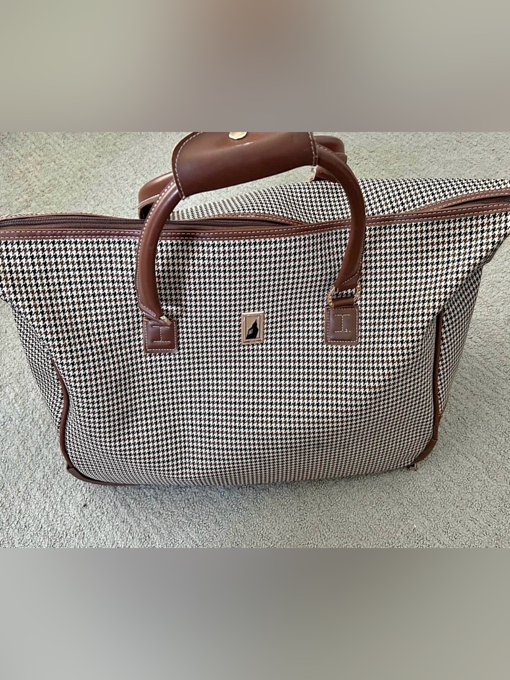 Vintage London Fog Brown Houndstooth Travel Tote with Leather Trim